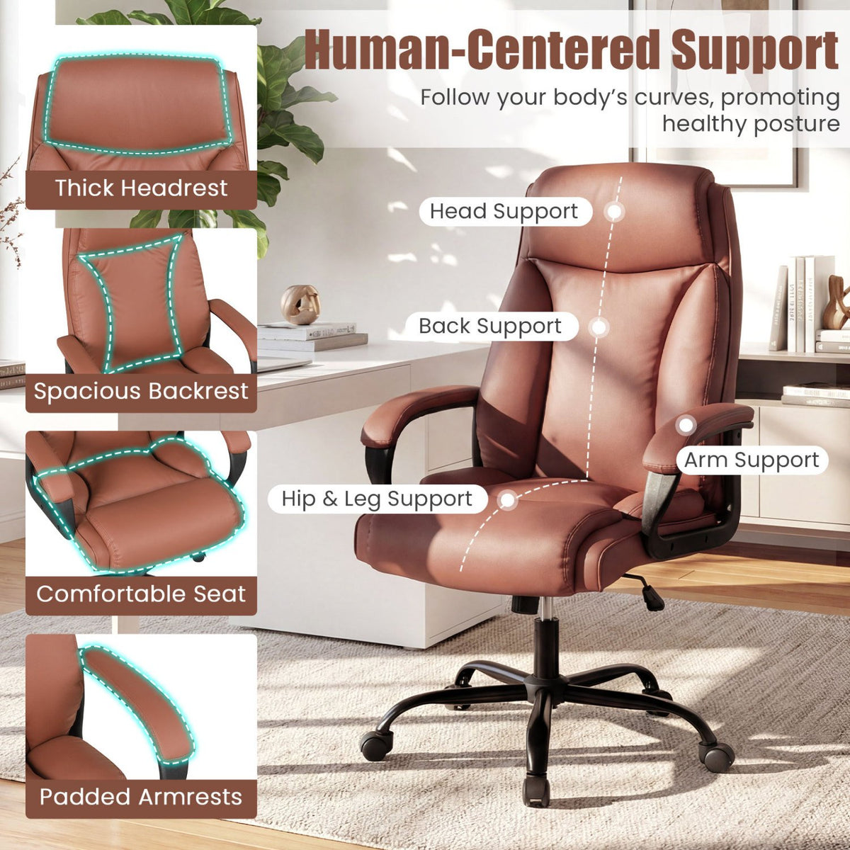 400LBS Big and Tall Chair High Back Executive Chair Ergonomic Leather Computer Chair-Brown view 8