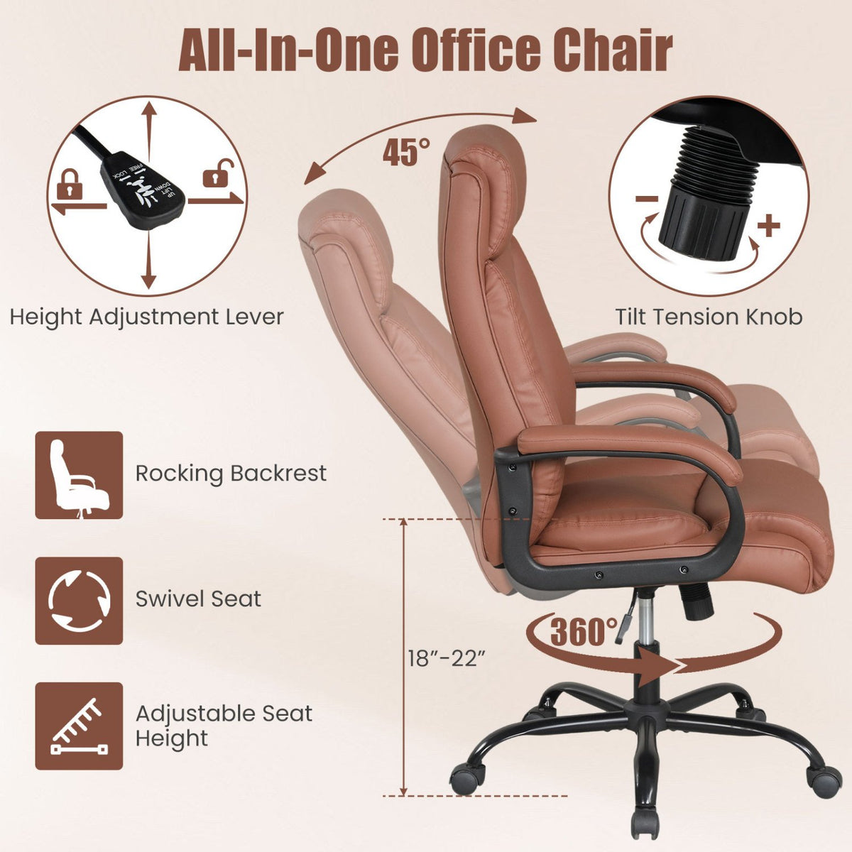 400LBS Big and Tall Chair High Back Executive Chair Ergonomic Leather Computer Chair-Brown view 9
