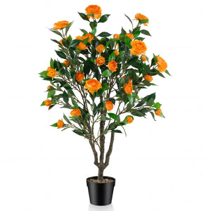 40 Inch Artificial Camellia Tree with 37 Flowers and River Stones in Pot-1 Pack