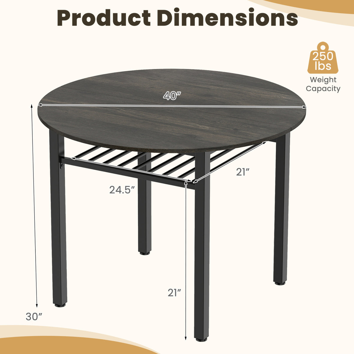 40” Round Kitchen Table with Storage Shelf and Metal Frame for 4 People-Gray view 5