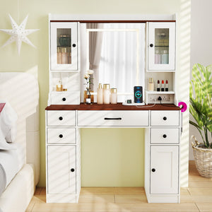 41.5 Inch Makeup Dressing Table with Power Outlets and 3 Color Lighting Modes-White+ view 2