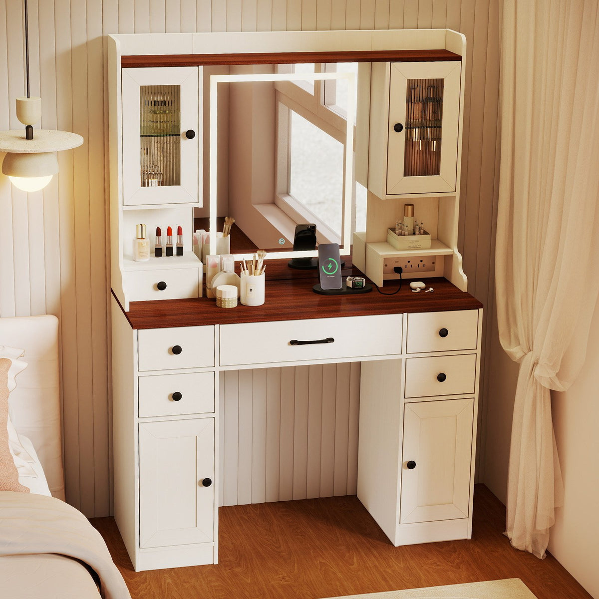 41.5 Inch Makeup Dressing Table with Power Outlets and 3 Color Lighting Modes-White+ view 3