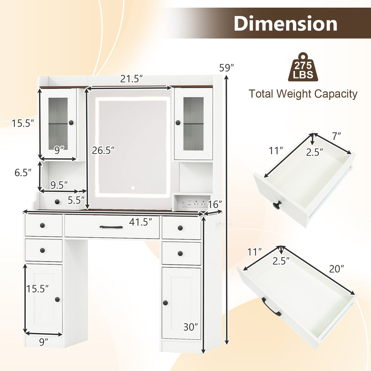 41.5 Inch Makeup Dressing Table with Power Outlets and 3 Color Lighting Modes-White+ view 4