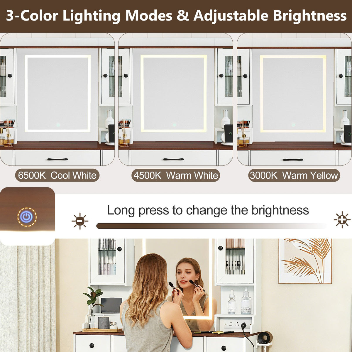 41.5 Inch Makeup Dressing Table with Power Outlets and 3 Color Lighting Modes-White+ view 5