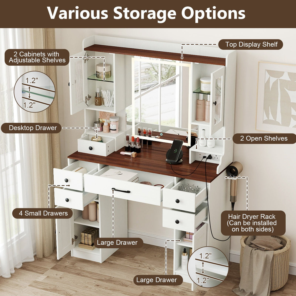 41.5 Inch Makeup Dressing Table with Power Outlets and 3 Color Lighting Modes-White+ view 6