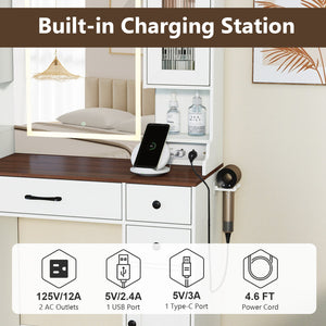 41.5 Inch Makeup Dressing Table with Power Outlets and 3 Color Lighting Modes-White+ view 7