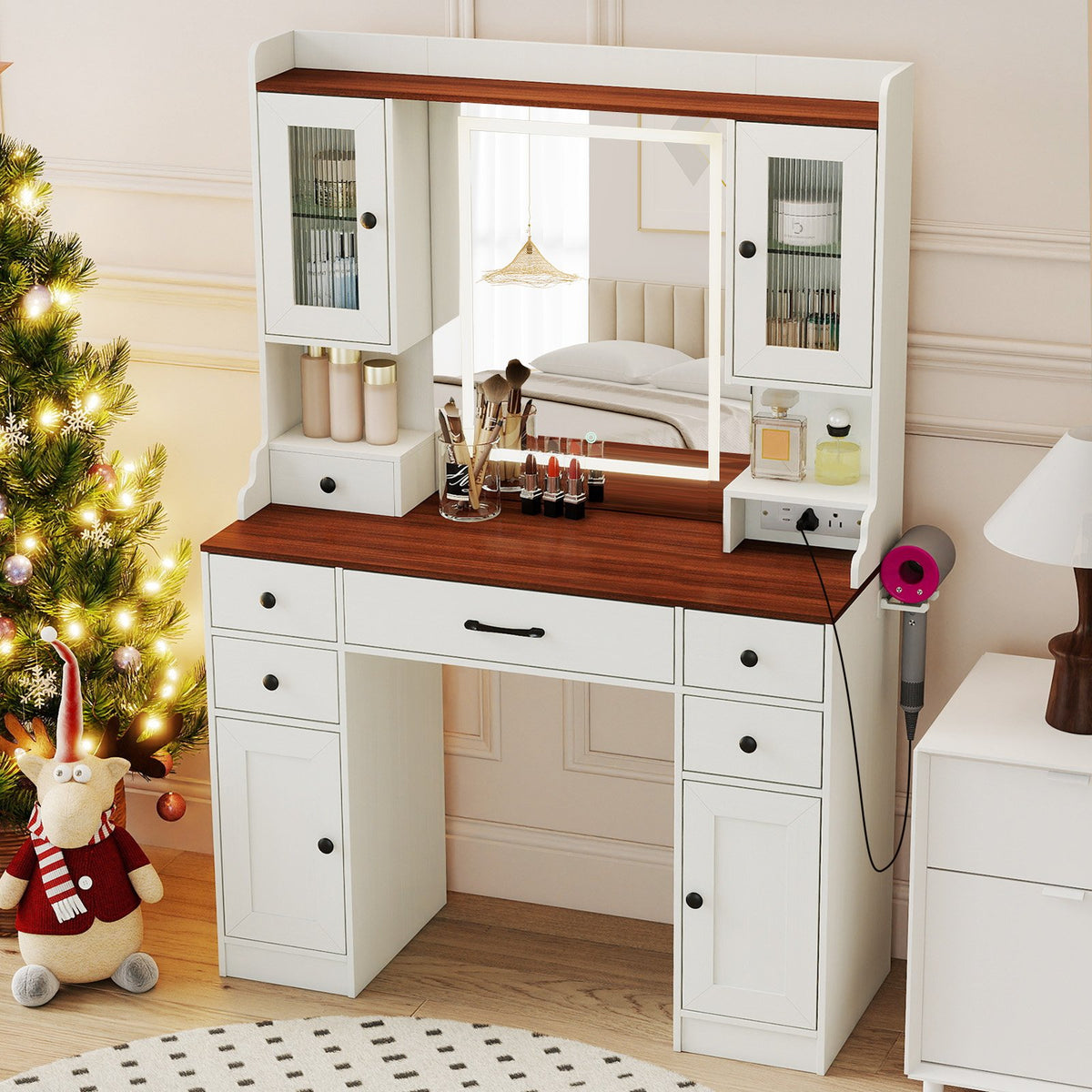 41.5 Inch Makeup Dressing Table with Power Outlets and 3 Color Lighting Modes-White+ view 9