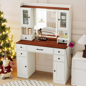 41.5 Inch Makeup Dressing Table with Power Outlets and 3 Color Lighting Modes-White+ view 9