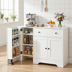 41.5” Modern Coffee Bar Cabinet with 3 Doors and Rolling Wheel-White view 2