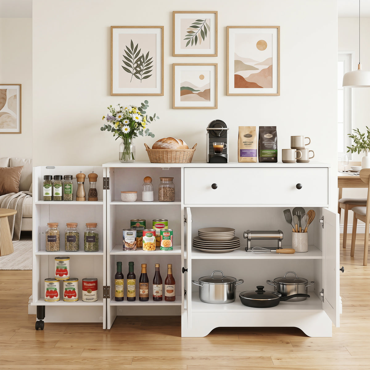 41.5” Modern Coffee Bar Cabinet with 3 Doors and Rolling Wheel-White view 6