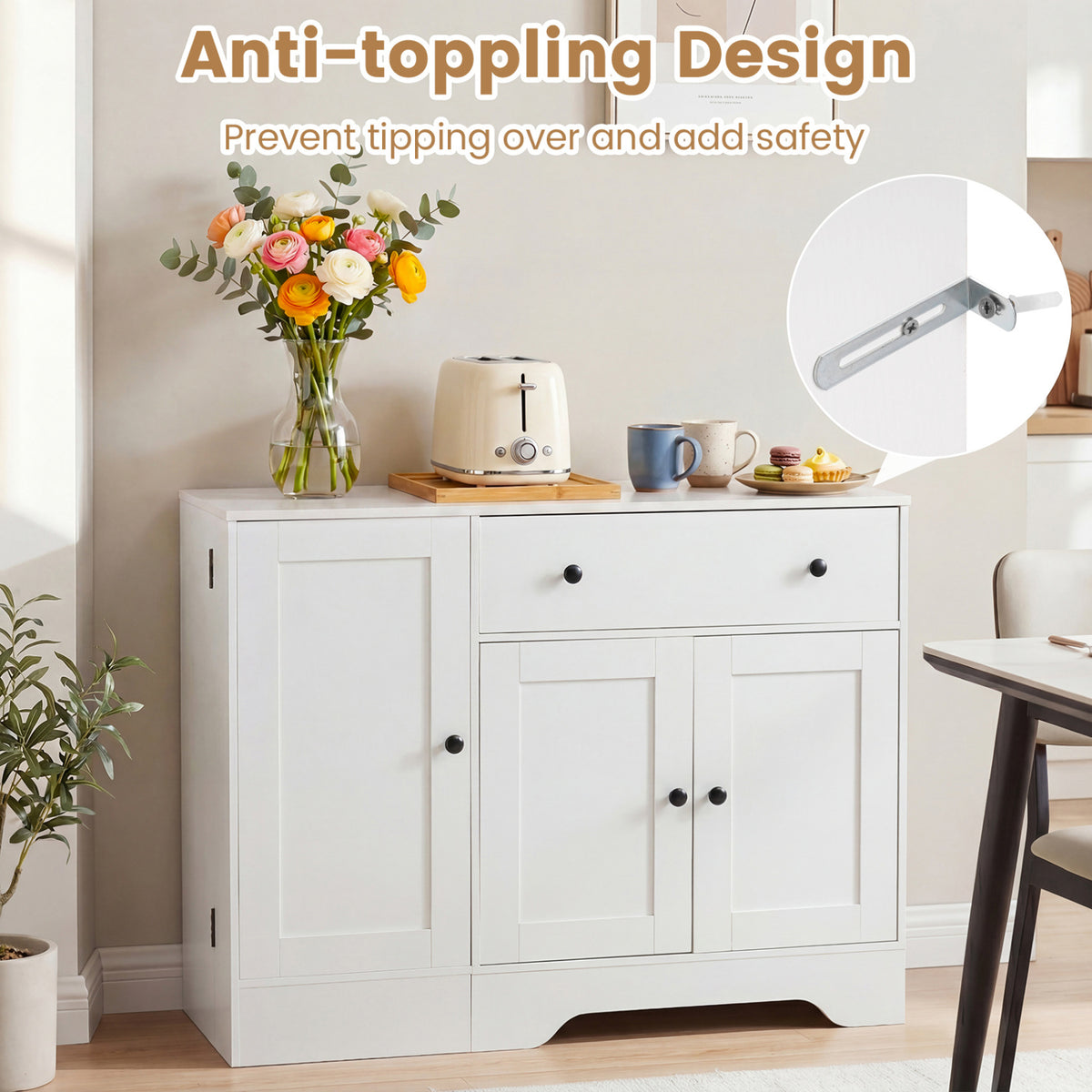 41.5” Modern Coffee Bar Cabinet with 3 Doors and Rolling Wheel-White view 9