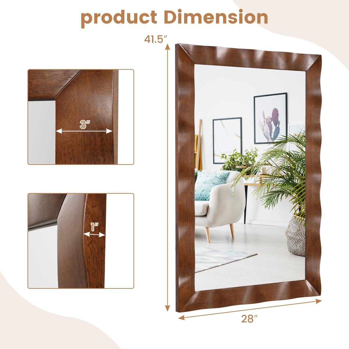 41.5 x 28 inches Farmhouse Wall Mirror with Solid Wood Frame-Brown view 5