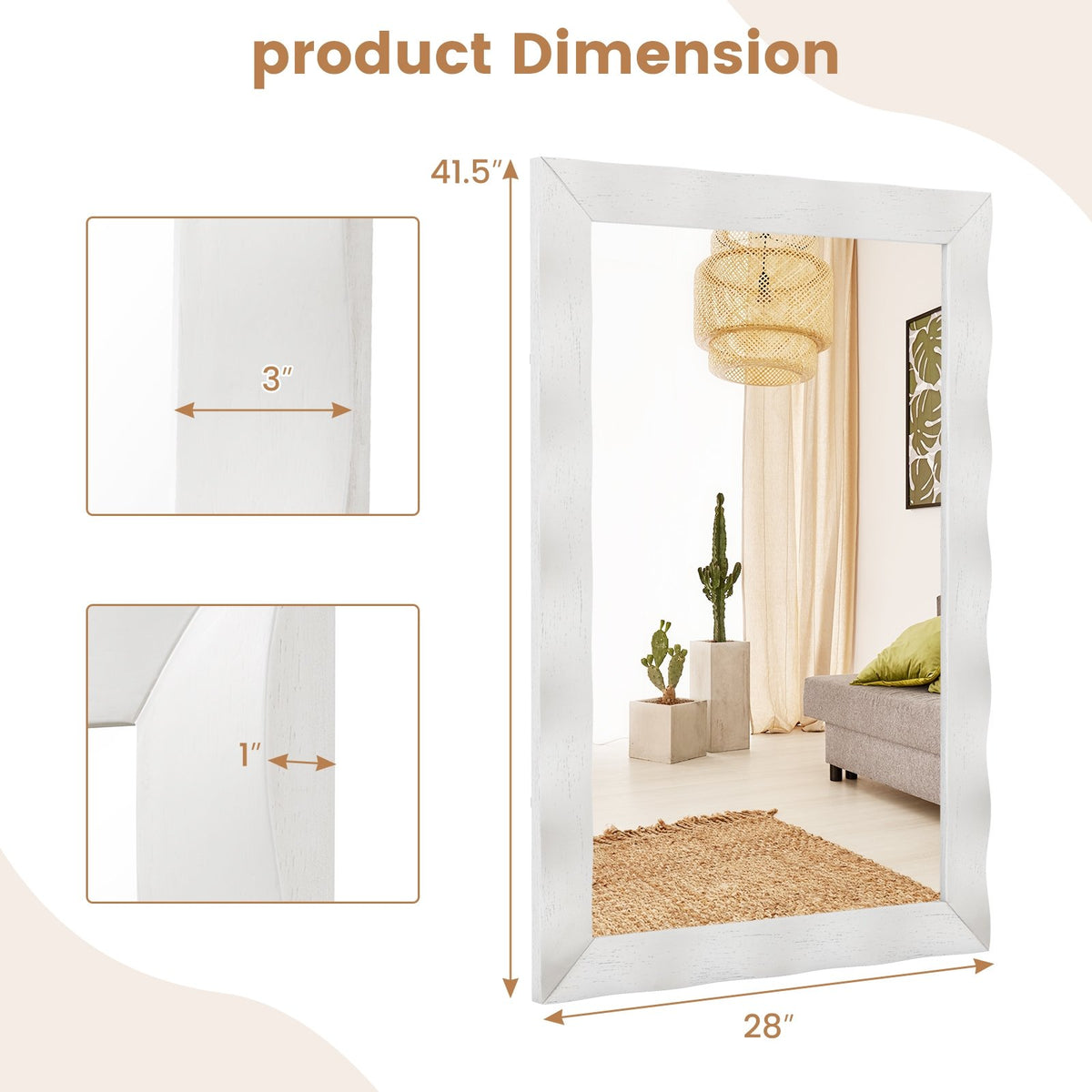 41.5 x 28 inches Farmhouse Wall Mirror with Solid Wood Frame-White view 5
