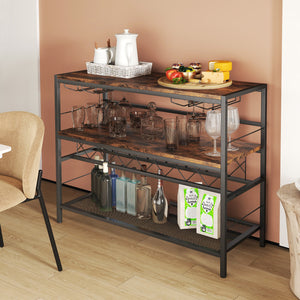41 Inch 4-Tier Bar Table with Wine Rack and 4 Rows of Glass Holders-Rustic Brown view 6