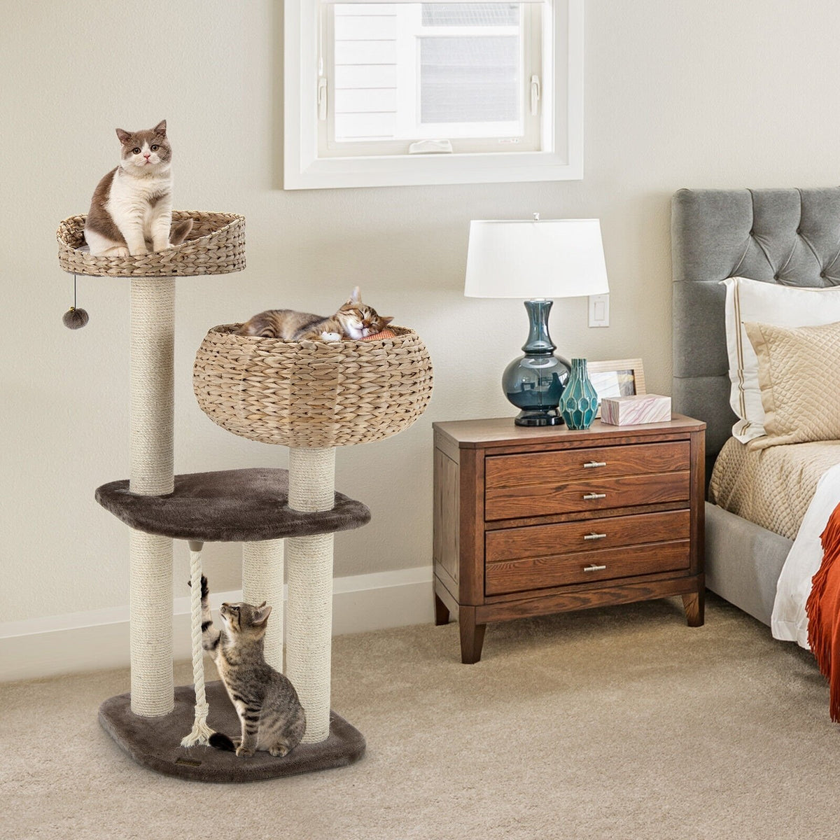 41 Inch Rattan Cat Tree with Napping Perch-Beige view 2