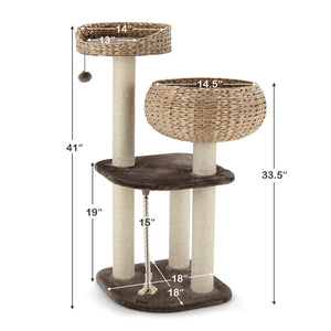 41 Inch Rattan Cat Tree with Napping Perch-Beige view 5