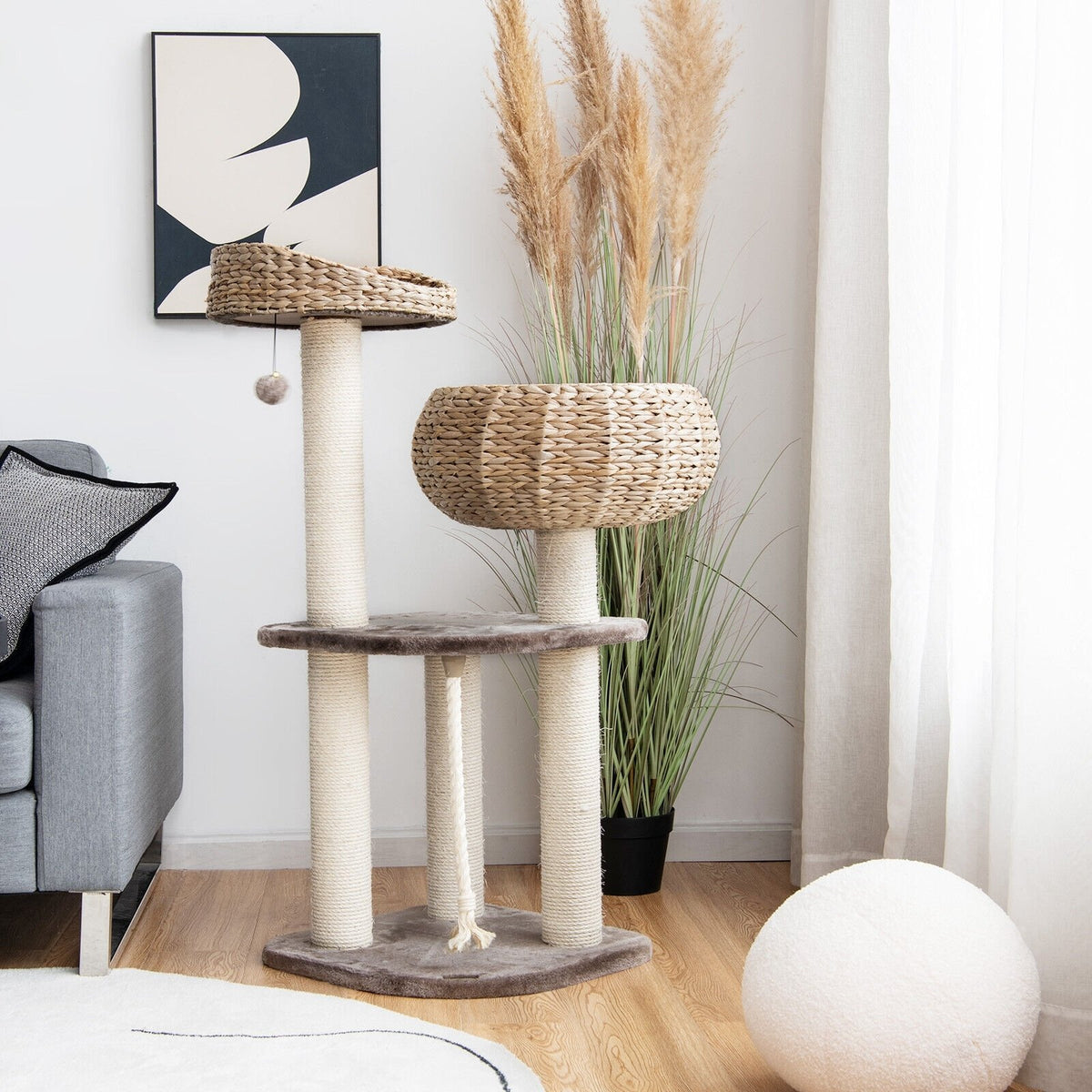 41 Inch Rattan Cat Tree with Napping Perch-Beige view 6