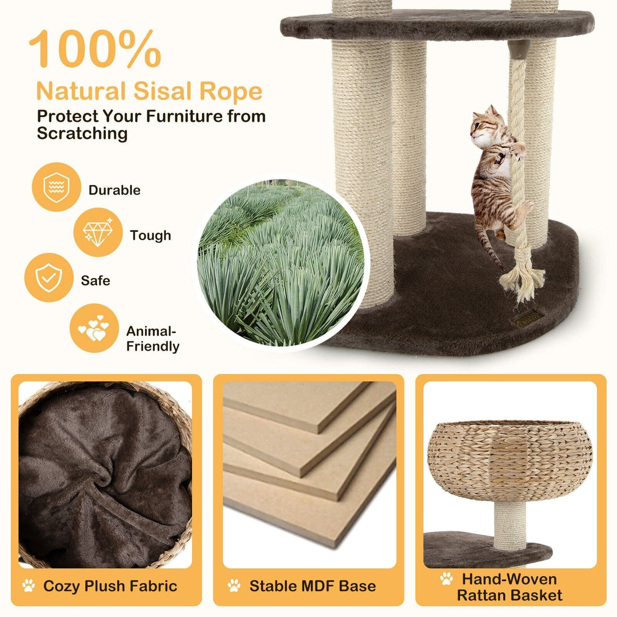 41 Inch Rattan Cat Tree with Napping Perch-Beige view 9