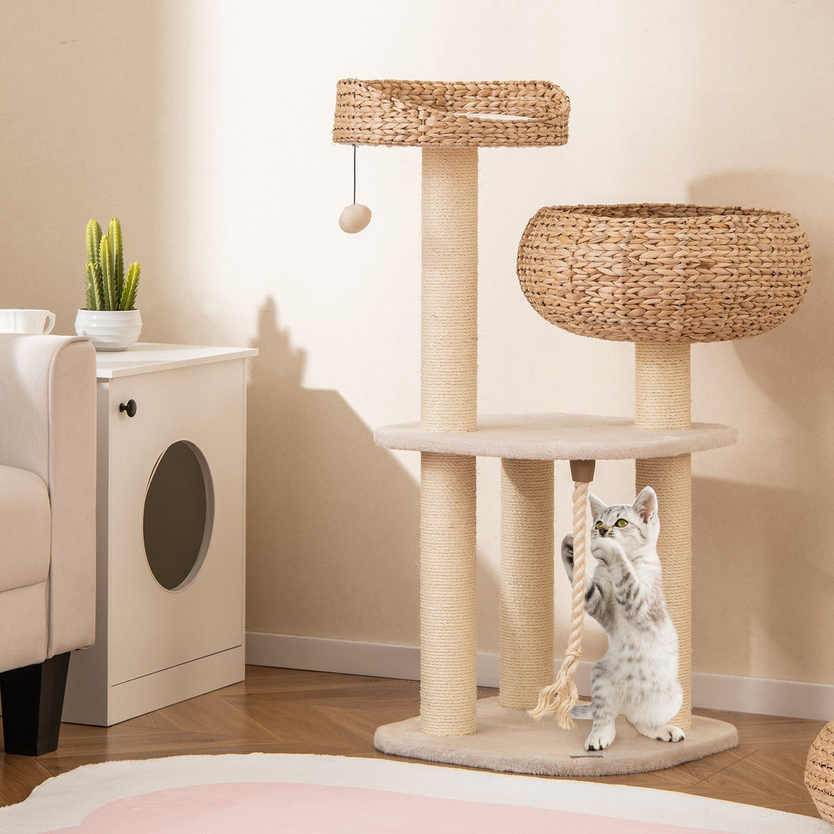 41 Inch Rattan Cat Tree with Napping Perch-White view 3