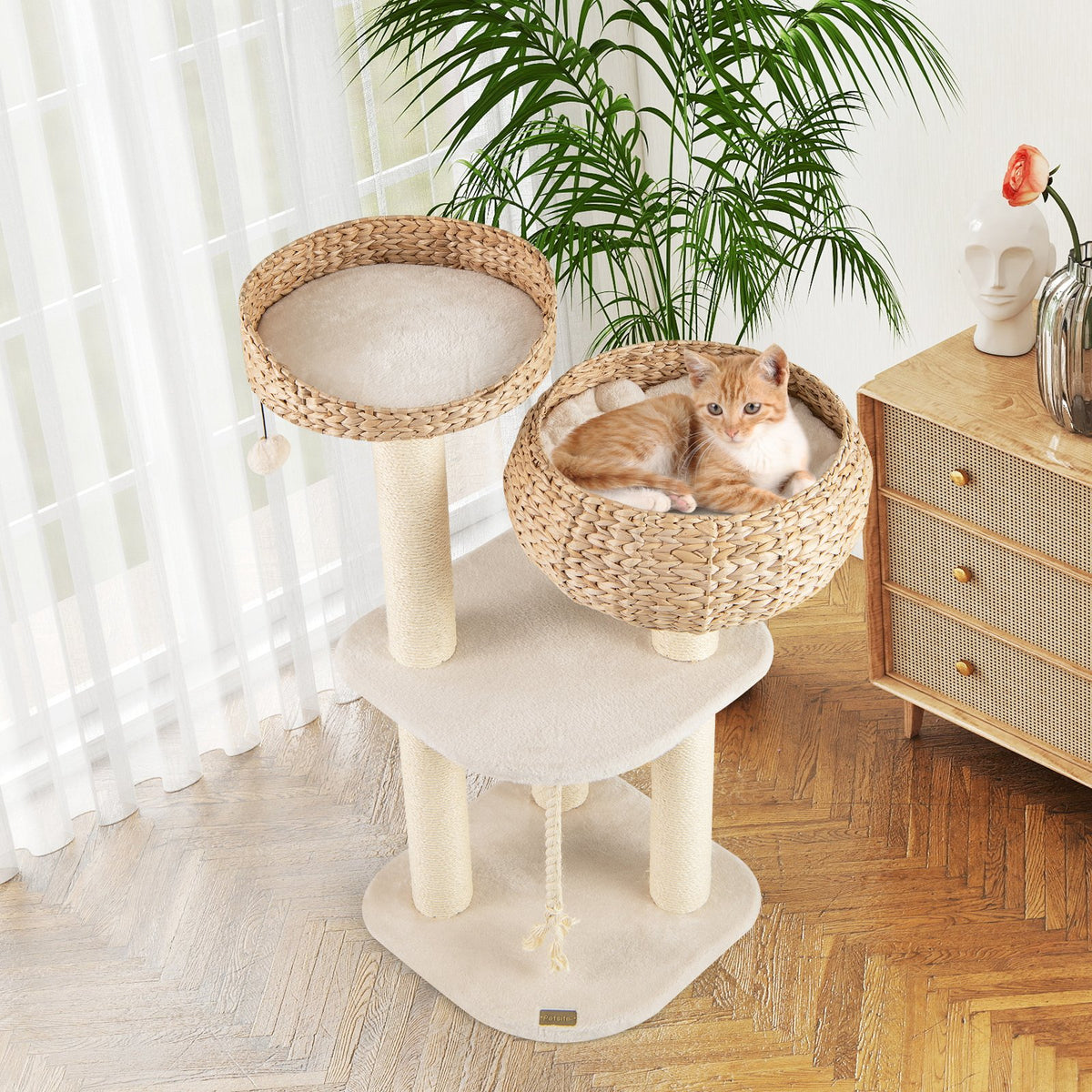 41 Inch Rattan Cat Tree with Napping Perch-White view 4
