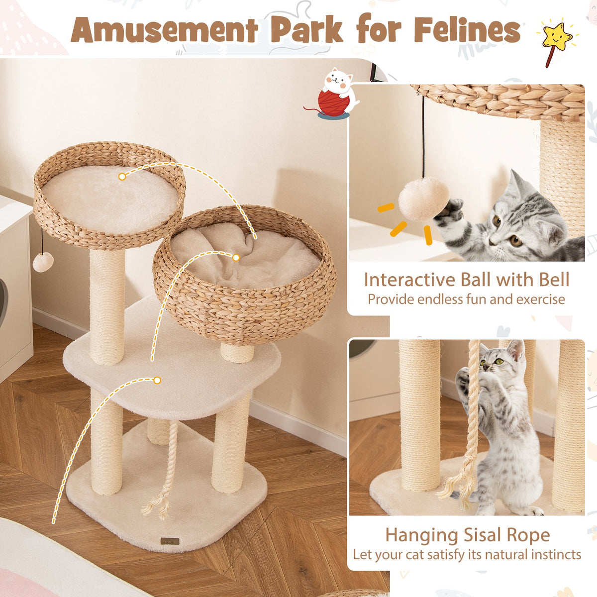 41 Inch Rattan Cat Tree with Napping Perch-White view 7