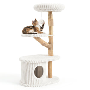 41 Inch Tall Modern Cat Tower with Real Wood Branches, Scratching Posts for Indoor-Beige