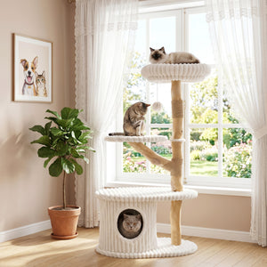 41 Inch Tall Modern Cat Tower with Real Wood Branches, Scratching Posts for Indoor-Beige view 2