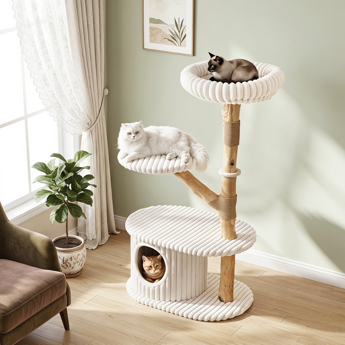 41 Inch Tall Modern Cat Tower with Real Wood Branches, Scratching Posts for Indoor-Beige view 3