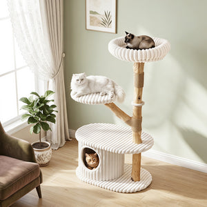 41 Inch Tall Modern Cat Tower with Real Wood Branches, Scratching Posts for Indoor-Beige view 3