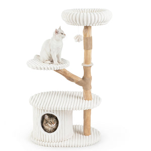 41 Inch Tall Modern Cat Tower with Real Wood Branches, Scratching Posts for Indoor-Beige view 4