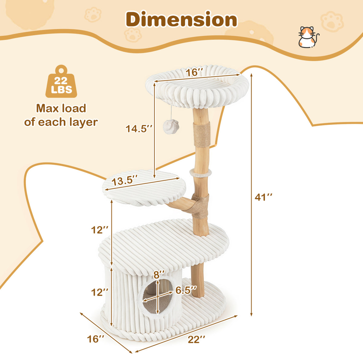 41 Inch Tall Modern Cat Tower with Real Wood Branches, Scratching Posts for Indoor-Beige view 5