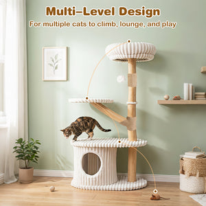 41 Inch Tall Modern Cat Tower with Real Wood Branches, Scratching Posts for Indoor-Beige view 6
