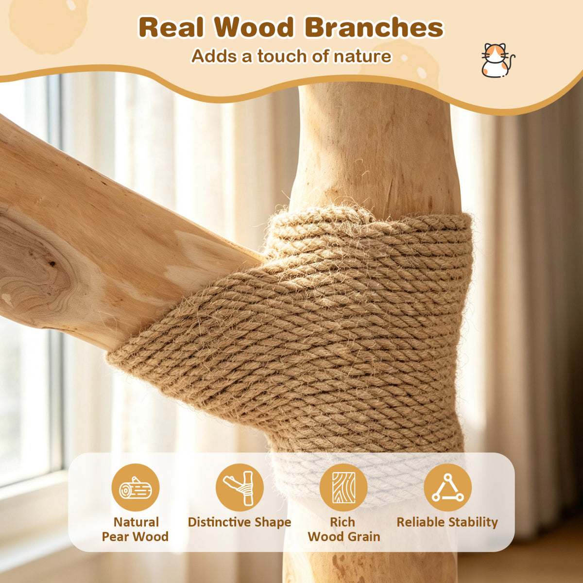 41 Inch Tall Modern Cat Tower with Real Wood Branches, Scratching Posts for Indoor-Beige view 7