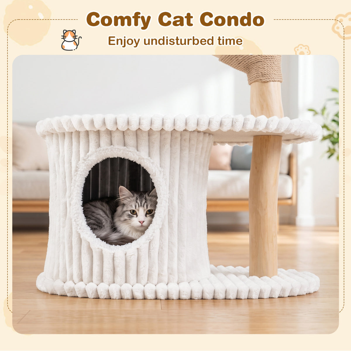 41 Inch Tall Modern Cat Tower with Real Wood Branches, Scratching Posts for Indoor-Beige view 9