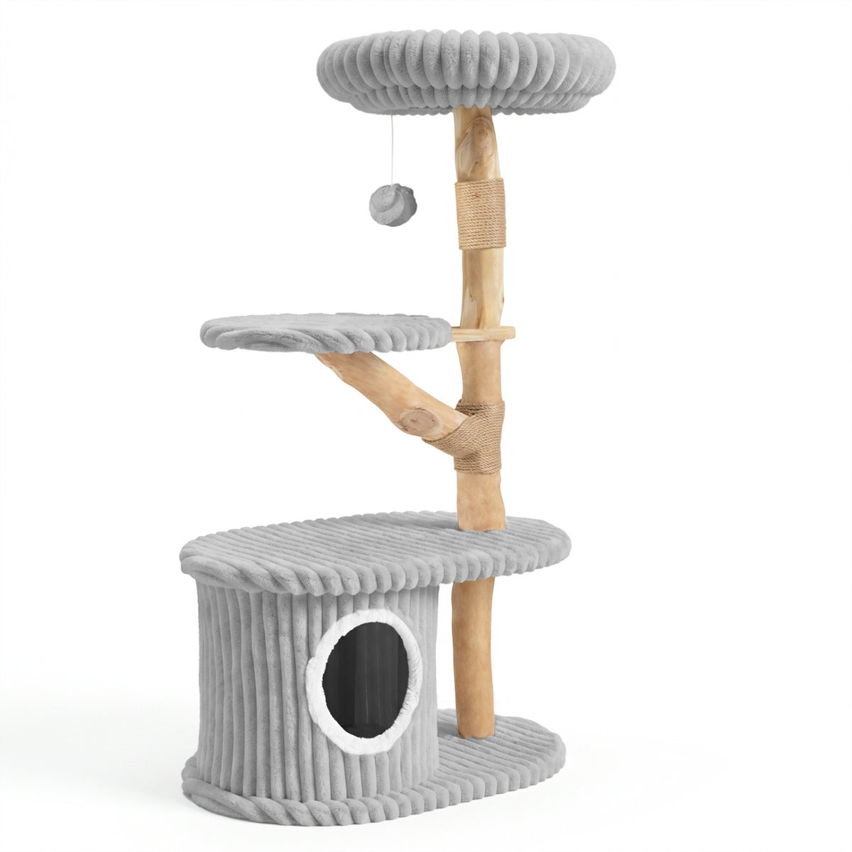 41 Inch Tall Modern Cat Tower with Real Wood Branches, Scratching Posts for Indoor-Gray