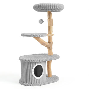 41 Inch Tall Modern Cat Tower with Real Wood Branches, Scratching Posts for Indoor-Gray