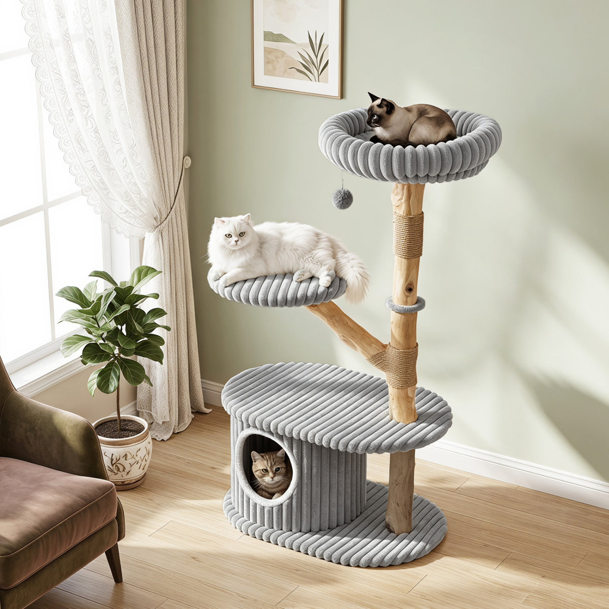 41 Inch Tall Modern Cat Tower with Real Wood Branches, Scratching Posts for Indoor-Gray view 2