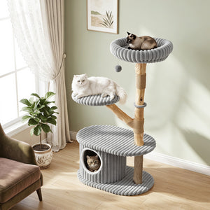 41 Inch Tall Modern Cat Tower with Real Wood Branches, Scratching Posts for Indoor-Gray view 2