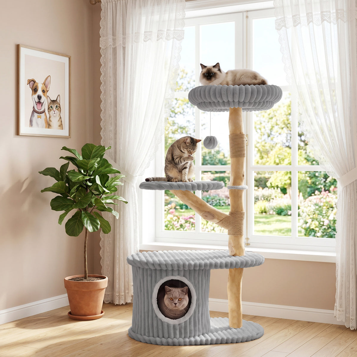 41 Inch Tall Modern Cat Tower with Real Wood Branches, Scratching Posts for Indoor-Gray view 3