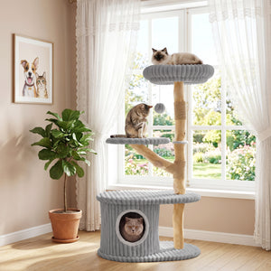 41 Inch Tall Modern Cat Tower with Real Wood Branches, Scratching Posts for Indoor-Gray view 3