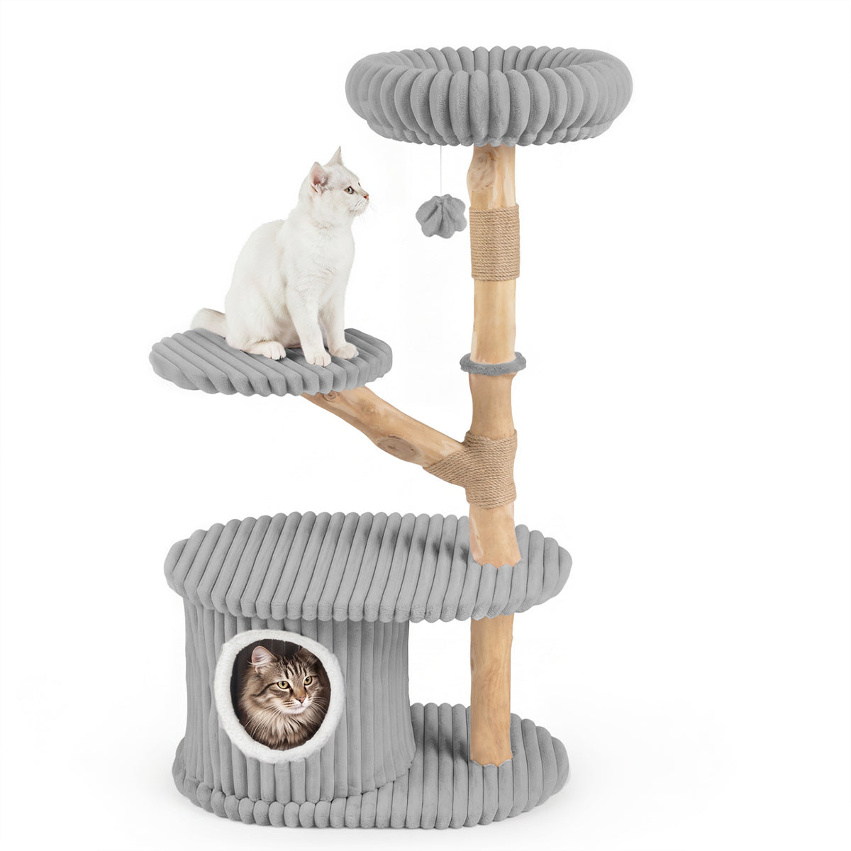 41 Inch Tall Modern Cat Tower with Real Wood Branches, Scratching Posts for Indoor-Gray view 4