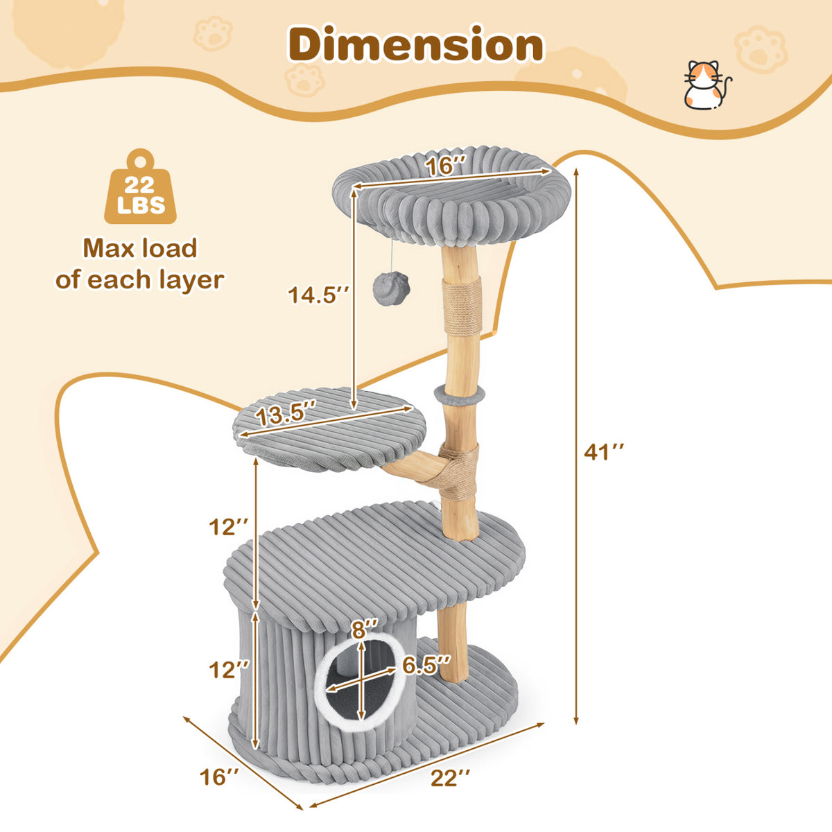 41 Inch Tall Modern Cat Tower with Real Wood Branches, Scratching Posts for Indoor-Gray view 5