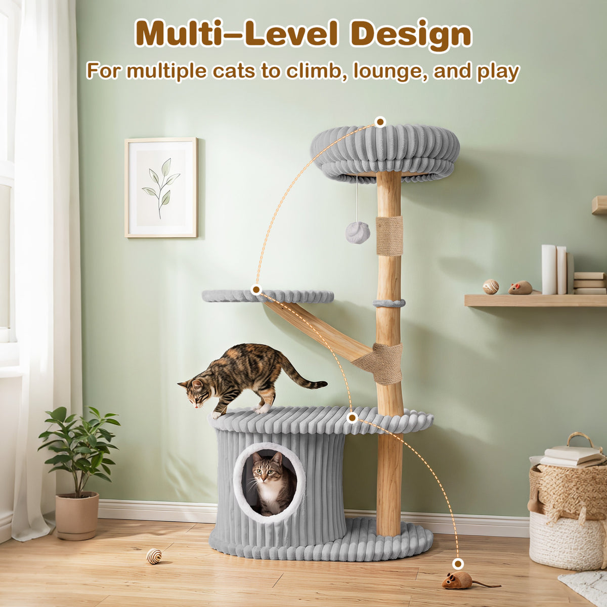 41 Inch Tall Modern Cat Tower with Real Wood Branches, Scratching Posts for Indoor-Gray view 6