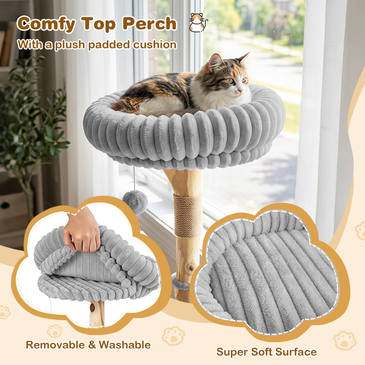 41 Inch Tall Modern Cat Tower with Real Wood Branches, Scratching Posts for Indoor-Gray view 7