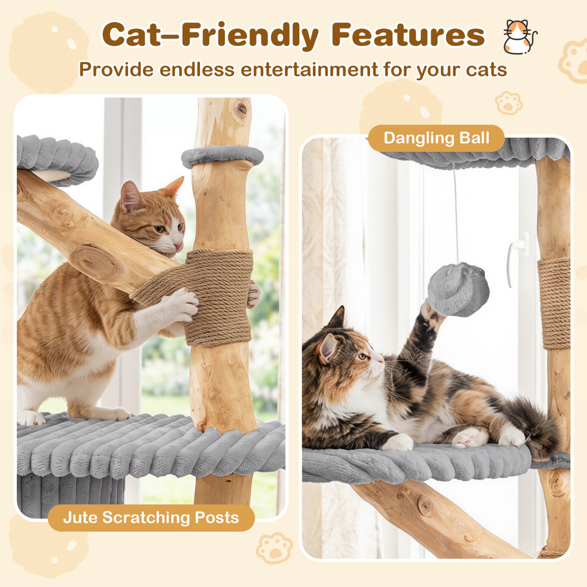 41 Inch Tall Modern Cat Tower with Real Wood Branches, Scratching Posts for Indoor-Gray view 9