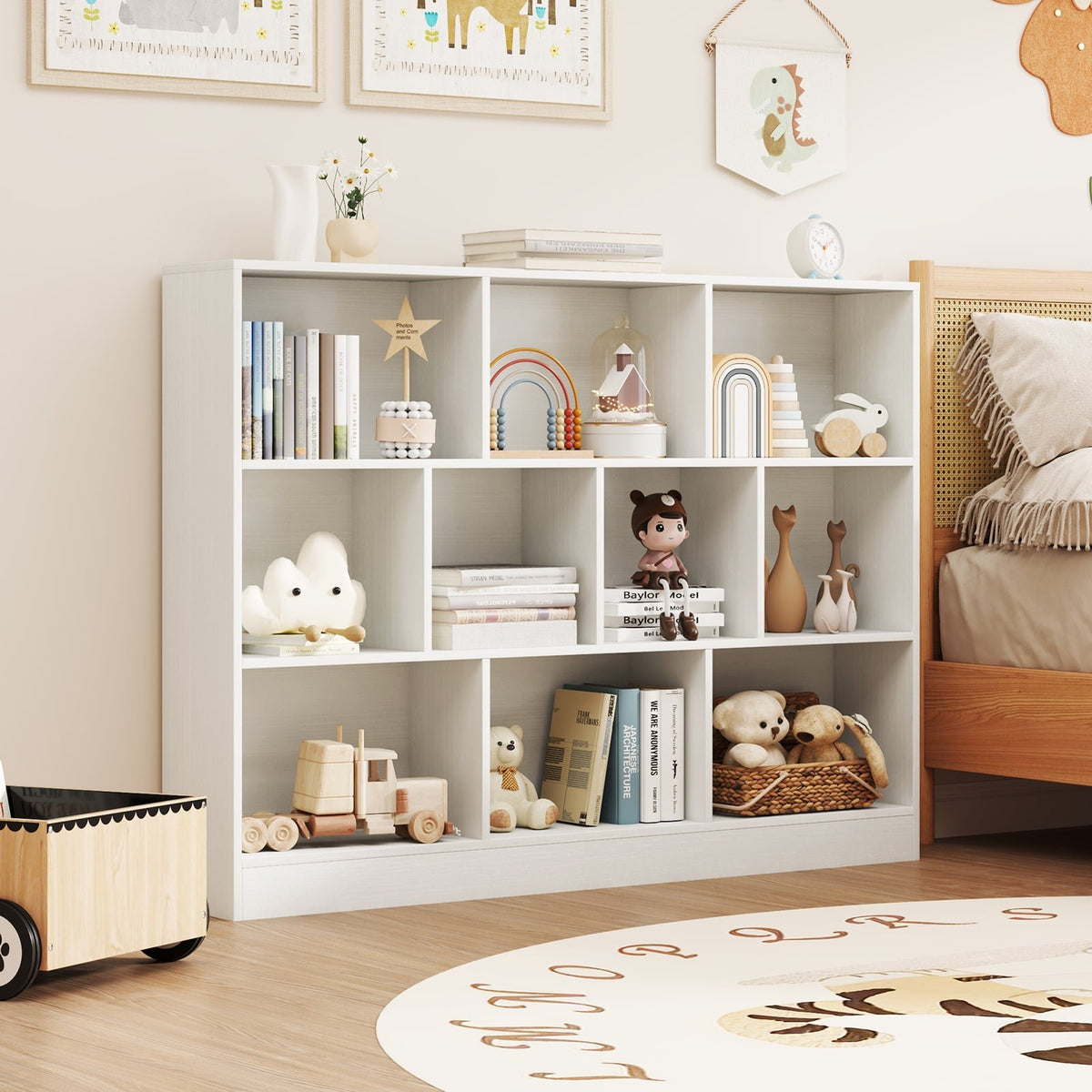 41 inches Wooden Toy Storage Organizer with 10 Cubes for Classroom Daycare Nursery Kindergarten-White view 2
