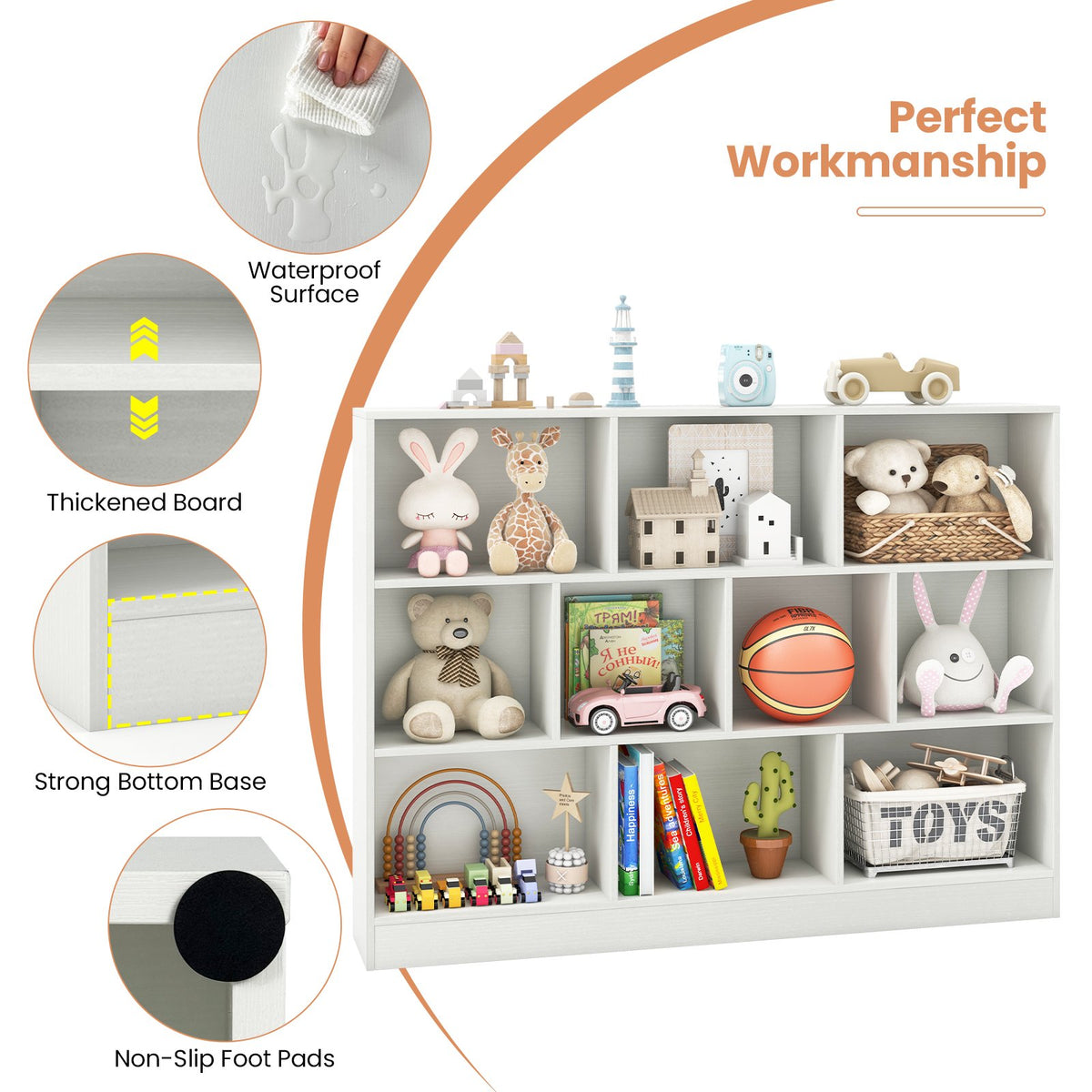 41 inches Wooden Toy Storage Organizer with 10 Cubes for Classroom Daycare Nursery Kindergarten-White view 9