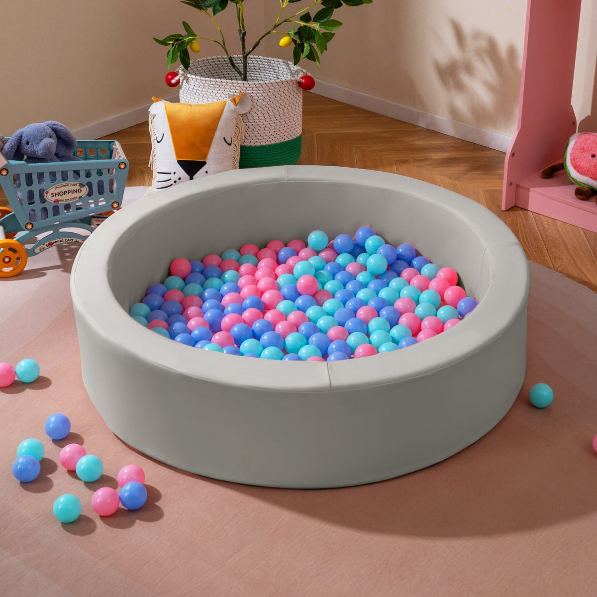 42.5 Inch Round Foam Ball Pits with 25D Sponge Filling and Washable PU Cover for Toddlers-Gray view 2
