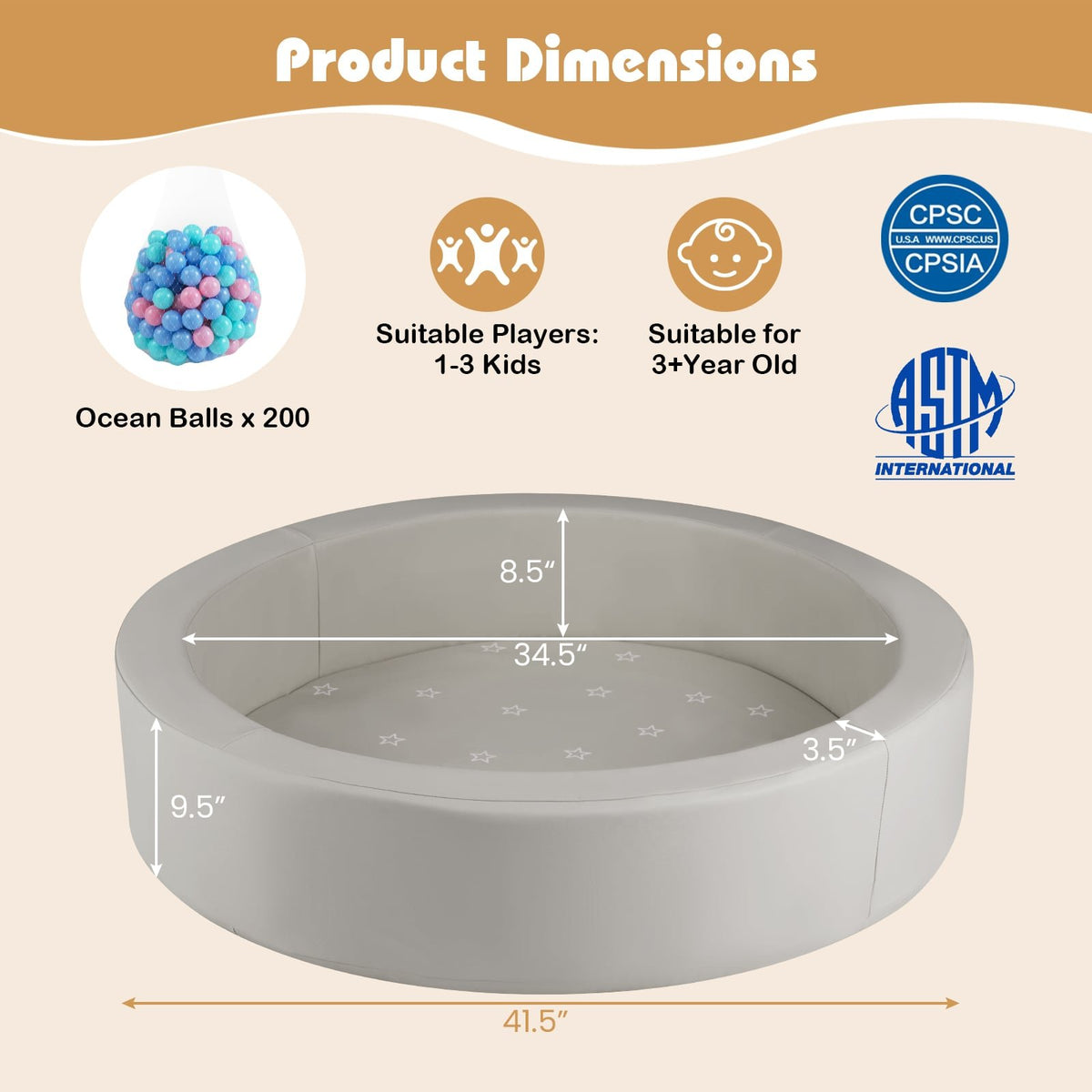 42.5 Inch Round Foam Ball Pits with 25D Sponge Filling and Washable PU Cover for Toddlers-Gray view 5