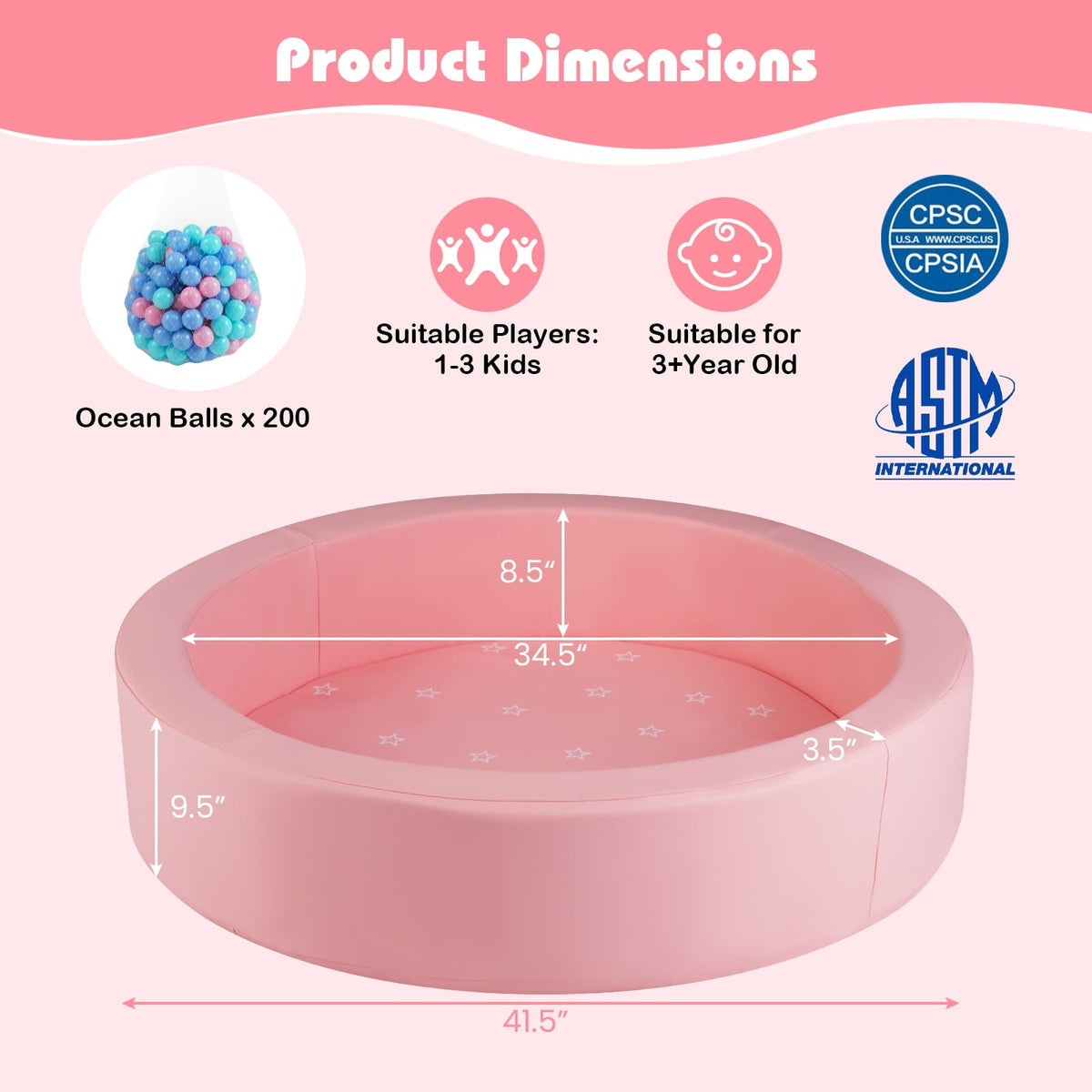 42.5 Inch Round Foam Ball Pits with 25D Sponge Filling and Washable PU Cover for Toddlers-Pink view 5